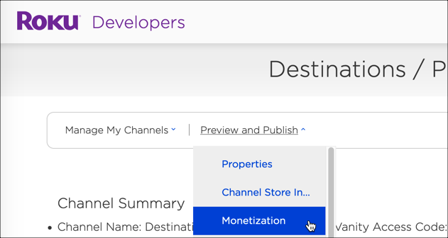 Monetization dropdown menu
