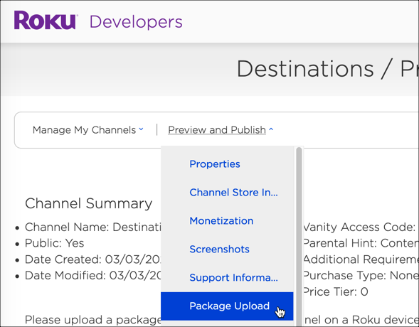 Package Upload dropdown menu