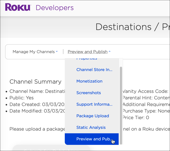 Preview and Publish dropdown menu