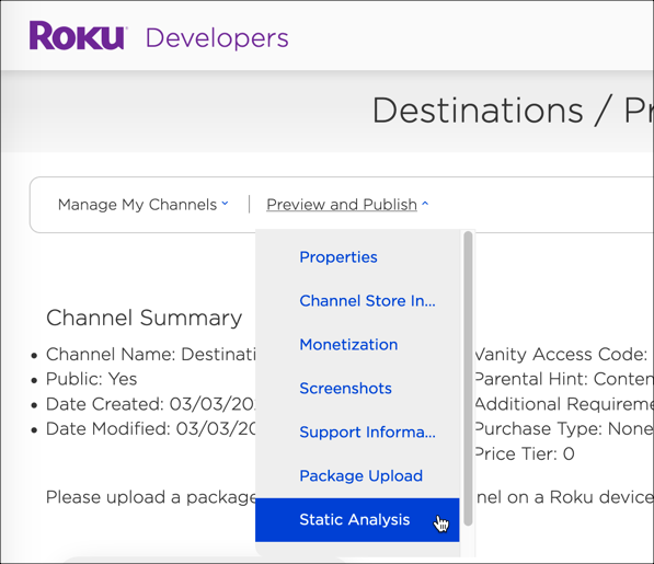 Static Analysis dropdown menu