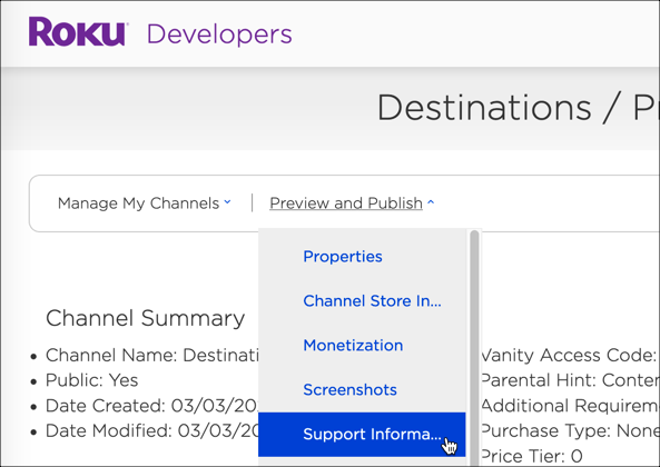 Support Information dropdown menu
